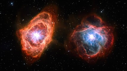 Two distinct vibrant nebulae with brilliant stars swirl together in the vast cosmic expanse of deep space