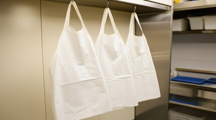 Three white disposable aprons made of smooth non porous material hanging on hooks ready for use