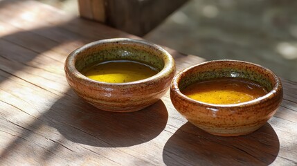 Two ceramic bowls filled with sauce sitting on a wooden table