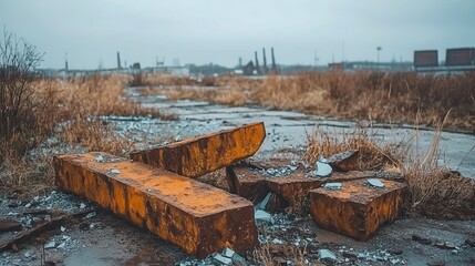 Twisted Rusty Steel Fragments In Abandoned Industrial Landscape