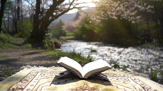 Peaceful open book resting on a patterned surface beside a sunlit river and trees