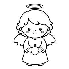 Obraz premium Cute kawaii angel character with wings and halo holding a Christmas ornament.
