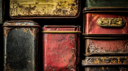 Various vintage metal tins stacked with rusty and worn surfaces