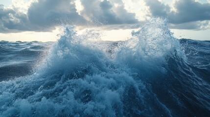Violent ocean waves churning with spray and foam
