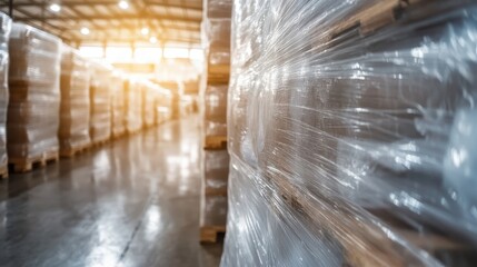 Wrapped Plastic Bundles in a Warehouse Ready for Shipping