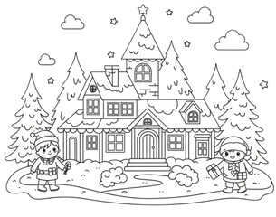 Fototapeta premium Two cute cartoon elf children standing in a snowy Christmas scene.