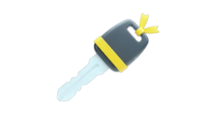 3D Car key with yellow ribbon and bow, 3D render on transparent background