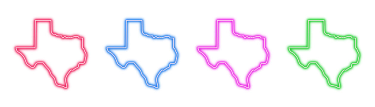 Neon glowing Texas map outlines vector icons set, state, shape, USA, geography, location, vibrant colorful digital design illustration on transparent background.