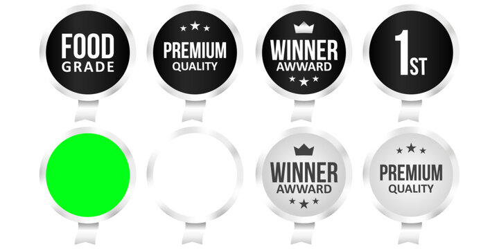 Shiny silver badge and label pack with luxury metallic frames, polished chrome accents