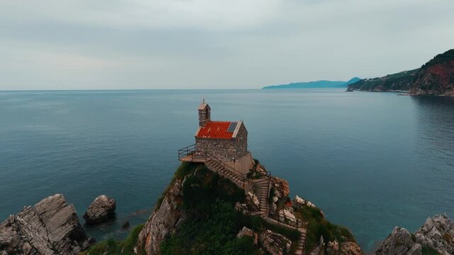 Saint Nedjelja Church in Petrovac aerial view in Montenegro