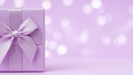 Elegant lilac gift box adorned with a satin ribbon and bow, set against a soft purple bokeh backdrop, symbolizing joy and thoughtfulness