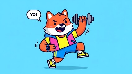 Vibrant cartoon fox mascot lifts a dumbbell, exclaiming 'YO!' in an energetic workout. This playful illustration embodies active fitness, determination, health