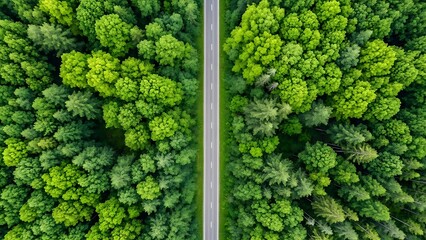 Aerial shot of a straight road through a vibrant green forest, highlighting the lush canopy and the clear pathway cutting into the heart of untouched natural beauty