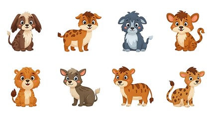Fototapeta premium Cute Cartoon Puppies and Young Wild Cats Illustrations for Kids and Animal Lovers