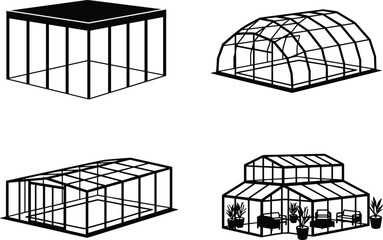 Greenhouse structures set with different shape frames for garden and landscaping exactly 100 chars.
