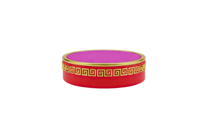 3D Red Round Box with Gold Meander Pattern and Pink Lid on transparent background