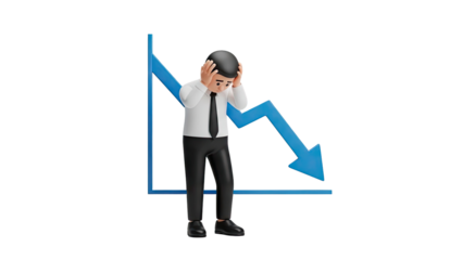 3D Stressed businessman with falling graph on transparent background