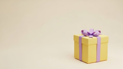 A vibrant yellow gift box adorned with a delicate purple ribbon and bow, ready for a special occasion