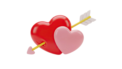 3D Two Hearts pierced by Cupid's Arrow on transparent background