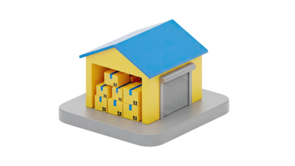 3D Warehouse with boxes and closed roller door on transparent background
