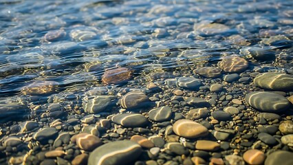 Clear Water Reveals Smooth Pebbles and Rocks on the Riverbed.