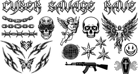 Cyber savage rave street wear graphic elements vector illustration
