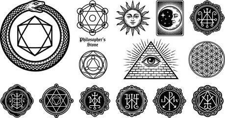 Alchemy and occult mystical symbols set vector illustration