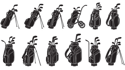 Collection of golf bags with clubs isolated on transparent background