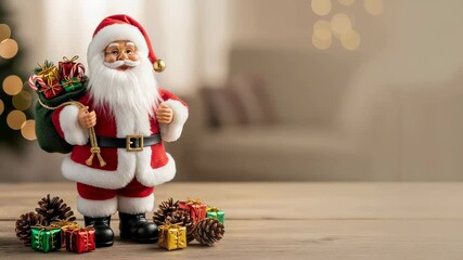 Santa Claus toy carrying gift sack with pinecones and ornaments, blurred background, for Christmas and New Year holiday celebration