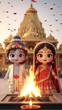 Adorable chibi-style Hindu deities, possibly Krishna and Radha, celebrating a sacred ritual with a bonfire and floating diyas in front of a magnificent golden temple.