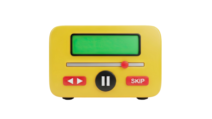 3D Retro media player with play pause and skip buttons on transparent background