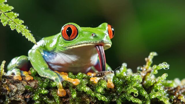 Red-Eyed Tree Frog Eating Insect in Costa Rican Rainforest.
