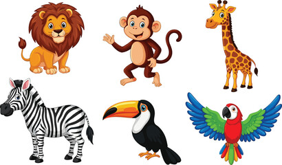 Cute cartoon jungle animals set illustration, lion monkey giraffe zebra toucan parrot, colorful safari wildlife characters isolated white background vector © Shahariar's World