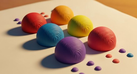 Charming claymation diorama of six perfectly round, brightly colored plasticine balls arranged in the standard 2x3 Braille cell pattern, 