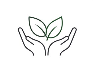 Minimalist illustration of hands cupping green leaves, symbolizing growth