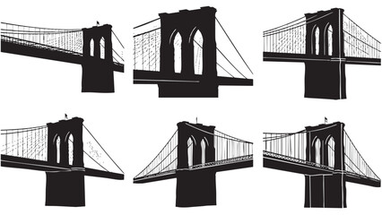 Iconic suspension bridge architectural silhouettes isolated on transparent background