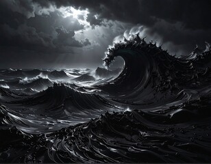 Black and white ocean scene with massive crashing waves under a stormy sky