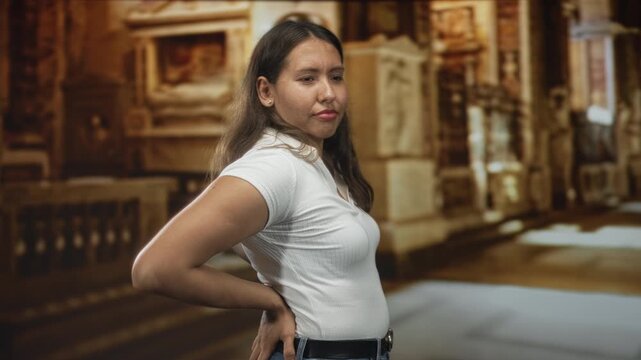 Woman with hand on lower back showing backache inside church nave, white top and jeans;discomfort faith.