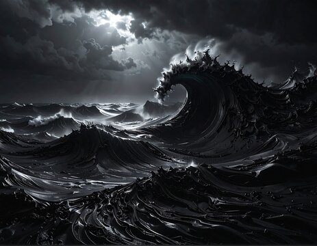 Black and white ocean scene with massive crashing waves under a stormy sky - Powered by Adobe