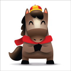 Cute Little Cartoon Horse with Red Scarf. Chinese Zodiac. Gong Xi Hand Gesture.