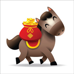 Cute Little Cartoon Horse Carrying a Money Bag. Chinese Zodiac