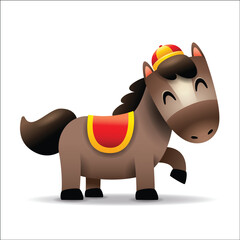 Cute Little Cartoon Horse with Chinese Hat and Saddle. Chinese Zodiac
