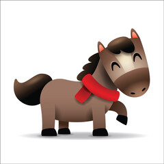 Cute Little Cartoon Horse with Red Scarf. Chinese Zodiac