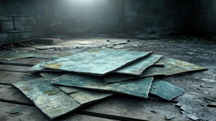 A pile of weathered blue green slate stone fragments lies stacked on a rough textured surface in a dimly lit outdoor environment