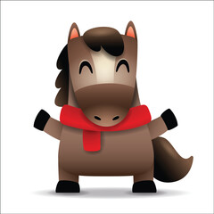 Cute Little Cartoon Horse with Red Scarf. Chinese Zodiac