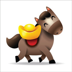 Cute Little Cartoon Horse Carrying a Gold Ingot. Chinese Zodiac