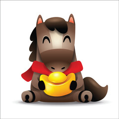 Cute Little Cartoon Horse with Red Scarf and Gold Ingot Chinese Zodiac