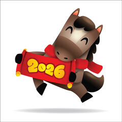 Cute Little Cartoon Horse with a Scroll. Chinese Zodiac