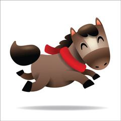 Cute Little Cartoon Horse with Red Scarf. Chinese Zodiac