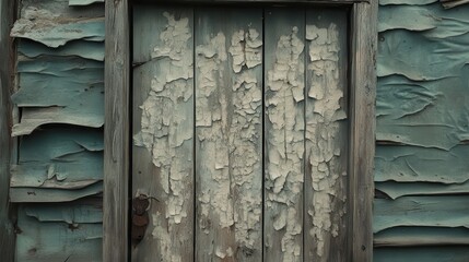 A close up of a weathered wooden door with cracked and peeling paint revealing the aged wood texture underneath